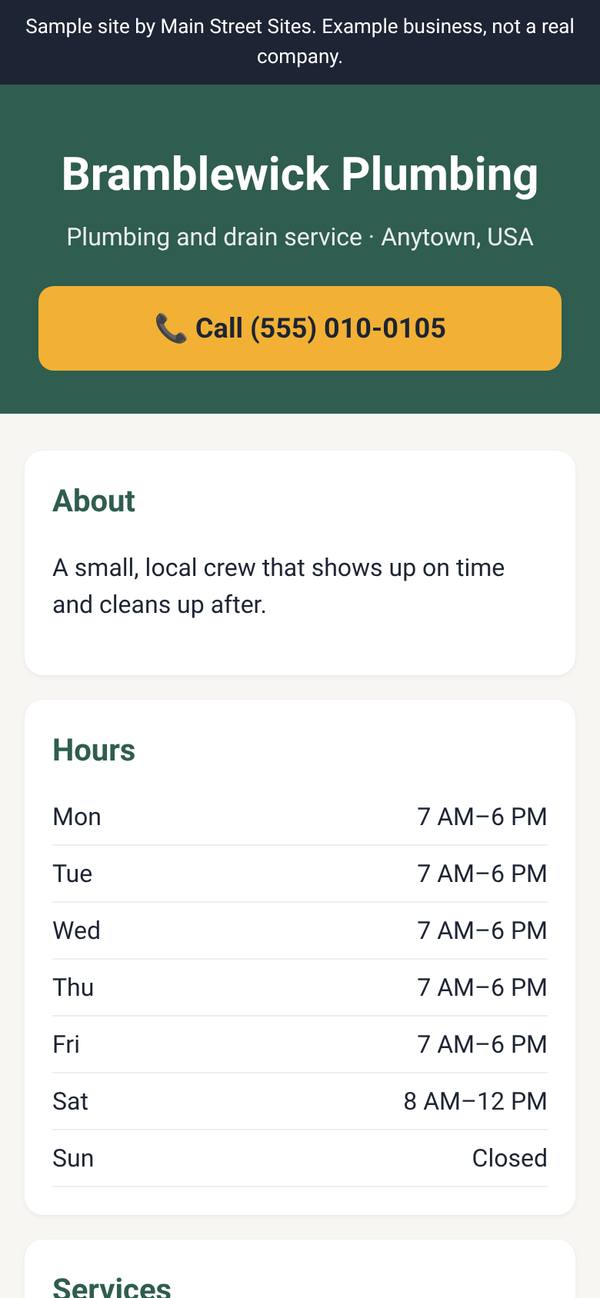 Sample website for a fictional plumbing, shown on a phone screen