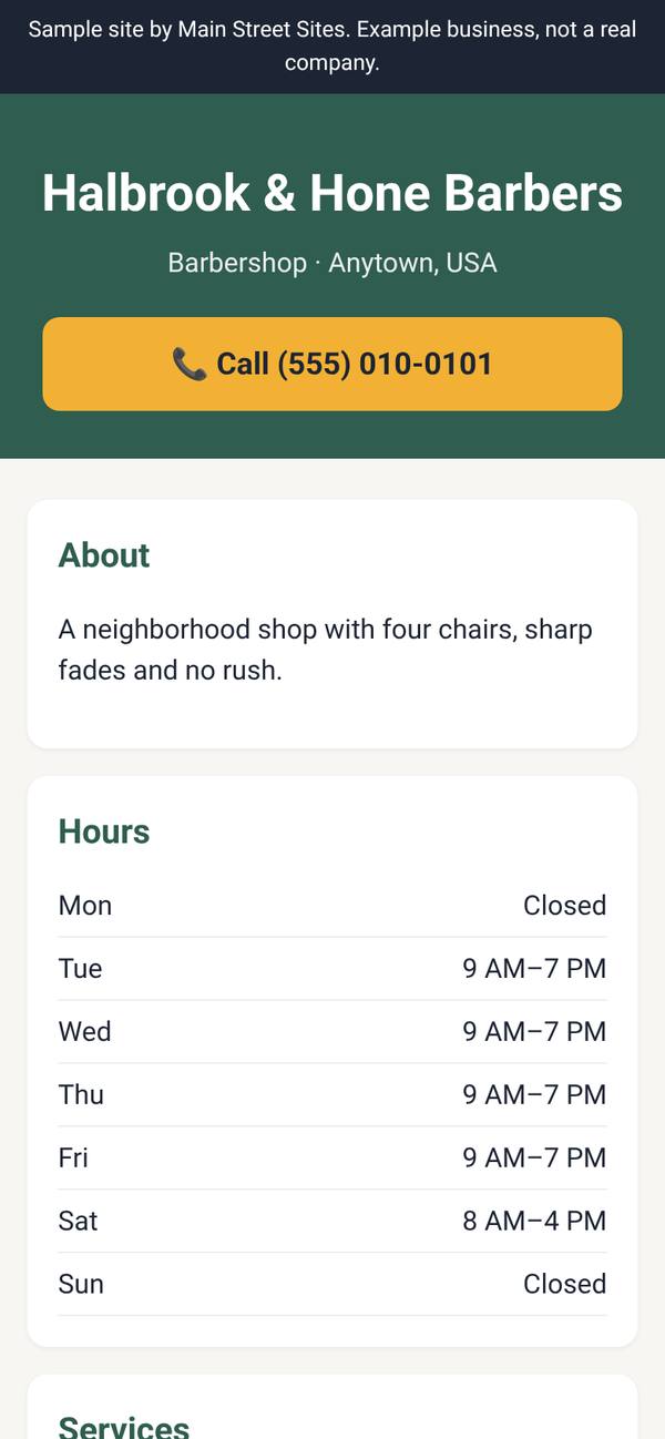 Sample website for a fictional barbershop, shown on a phone screen