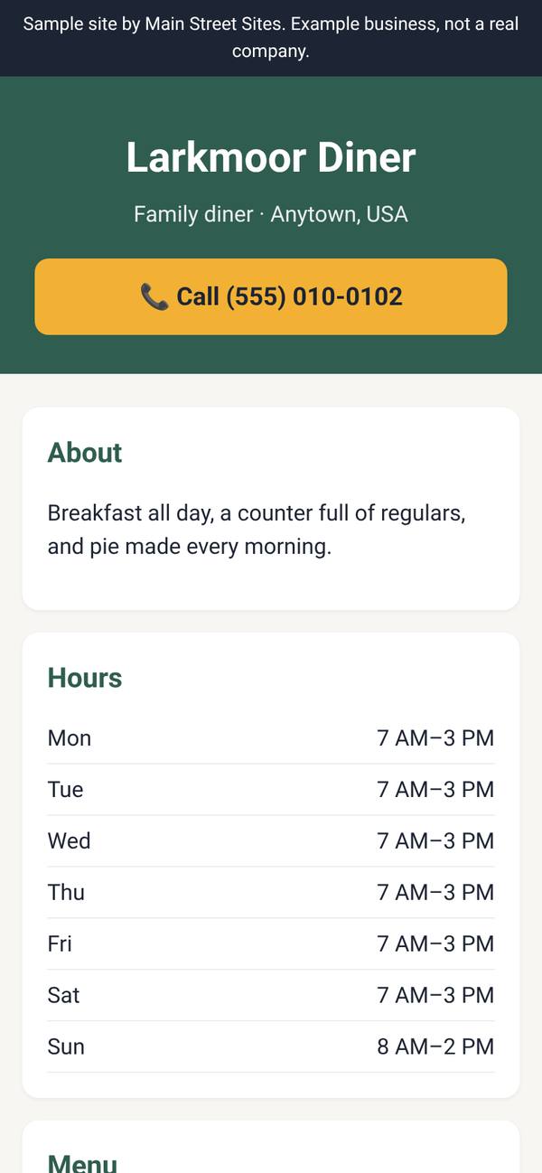 Sample website for a fictional family diner, shown on a phone screen