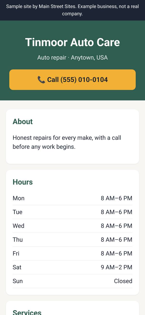 Sample website for a fictional auto repair, shown on a phone screen